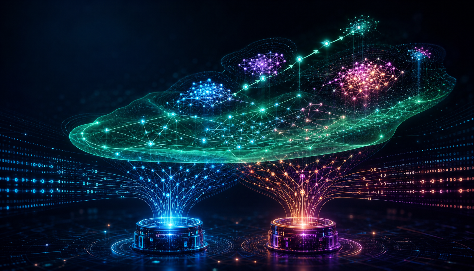 Neo4j and TigerGraph streams rise through a canonical graph membrane into path communities and directed temporal transitions.